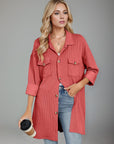 Double Take Textured Pocketed Collared Neck Long Sleeve Shirt