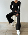 Ribbed V-Neck Long Sleeve Top and Pocketed Pants Set