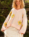 POL V-Neck Floral Pattern Chenille Sweater