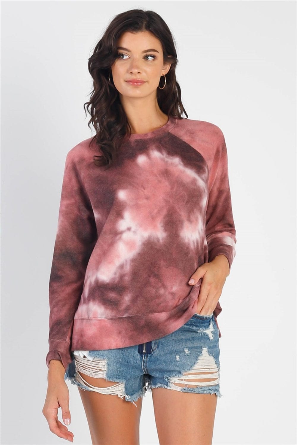 Light Gray Cherish Apparel Tie-Dye Round Neck Long Sleeve Sweatshirt