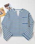 Striped Notched Long Sleeve Top