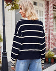 Striped Dropped Shoulder Notched Neck Knit Top