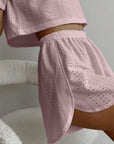 Rosy Brown Eyelet Round Neck Top and Shorts Set