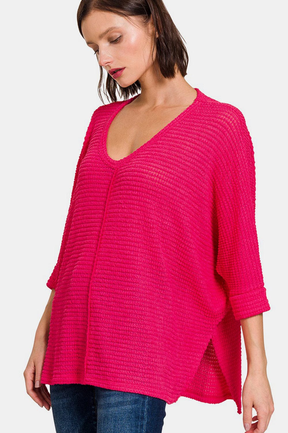 Maroon Zenana V-Neck High-Low Jacquard Knit Top