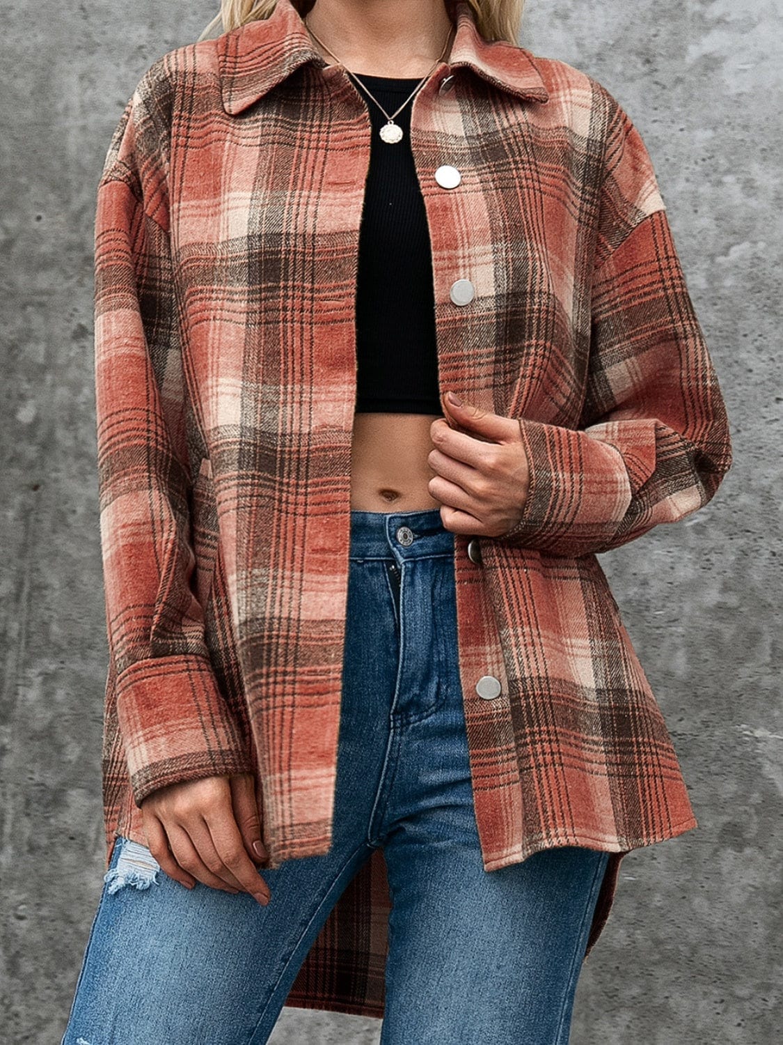 Dim Gray Plaid Button Up Long Sleeve Jacket