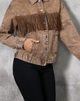 Fringe Trim Snap Down Denim Jacket