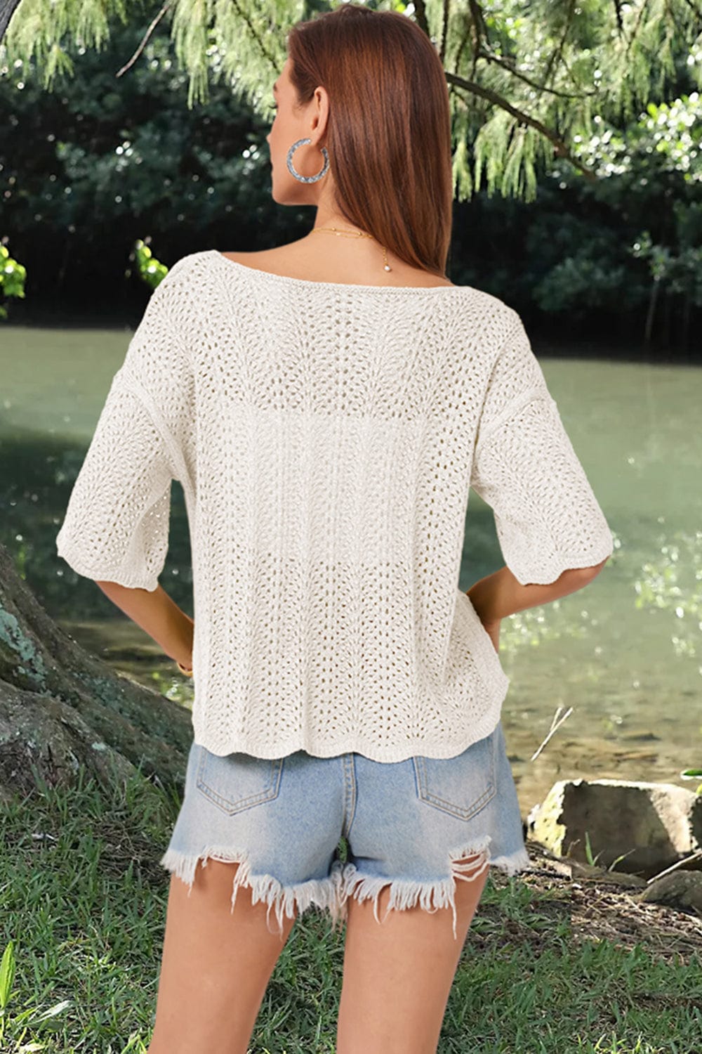 Gray Openwork Round Neck Half Sleeve Knit Top