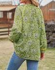 Full Size Printed Notched Long Sleeve Blouse