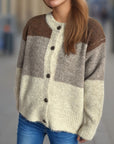 Color Block Round Neck Button Up Cardigan