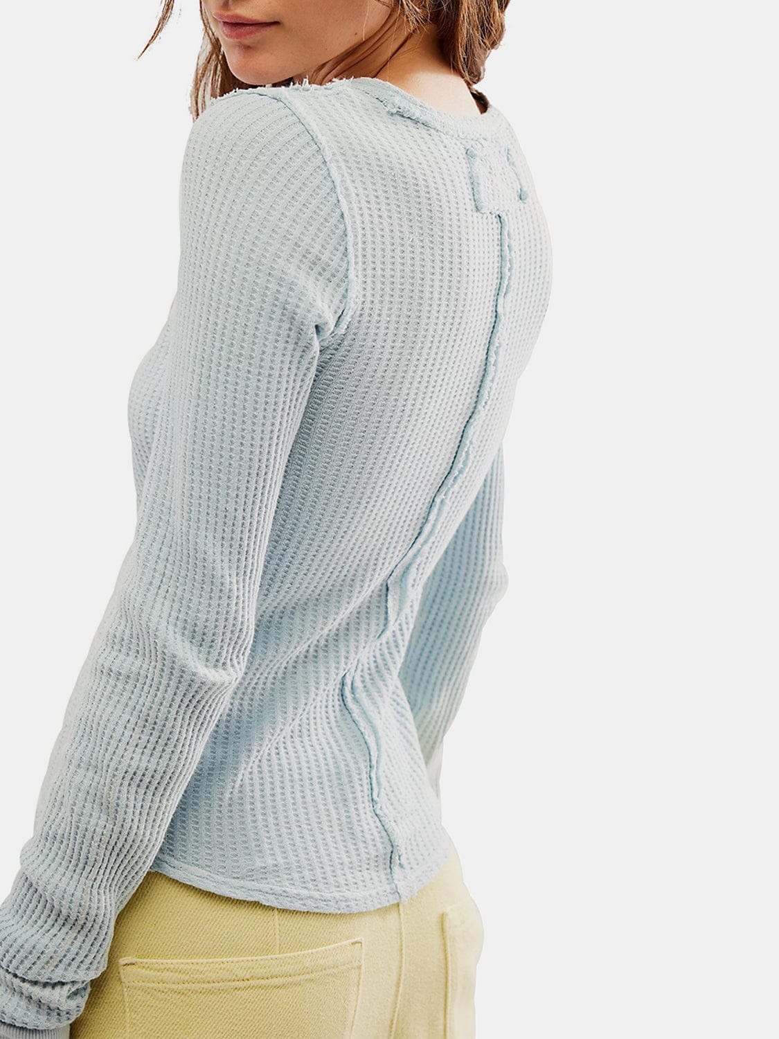 Beige Exposed Seam Round Neck Long Sleeve T-Shirt