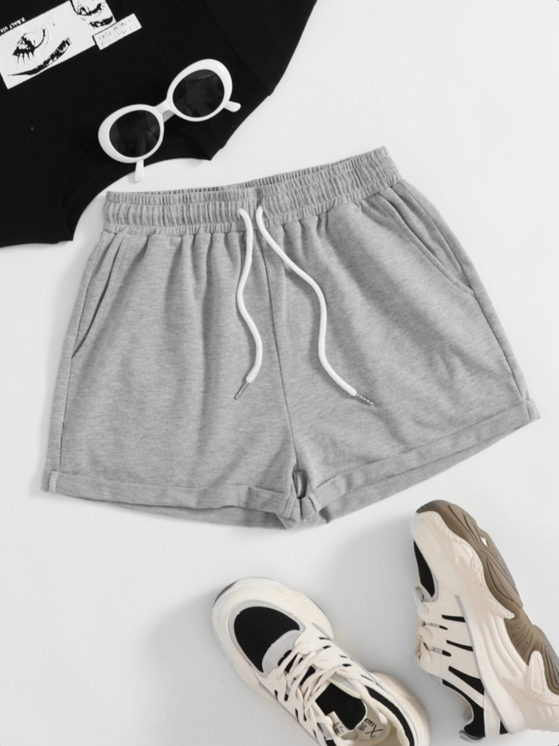 Light Gray Drawstring Pocketed Elastic Waist Shorts Sentient Beauty Fashions Apparel &amp; Accessories