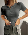 Dark Slate Gray Round Neck Quarter Button Short Sleeve Top