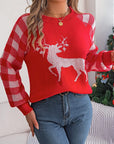 Reindeer Plaid Round Neck Long Sleeve Sweater