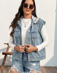 Drawstring Button Up Sleeveless Denim Jacket