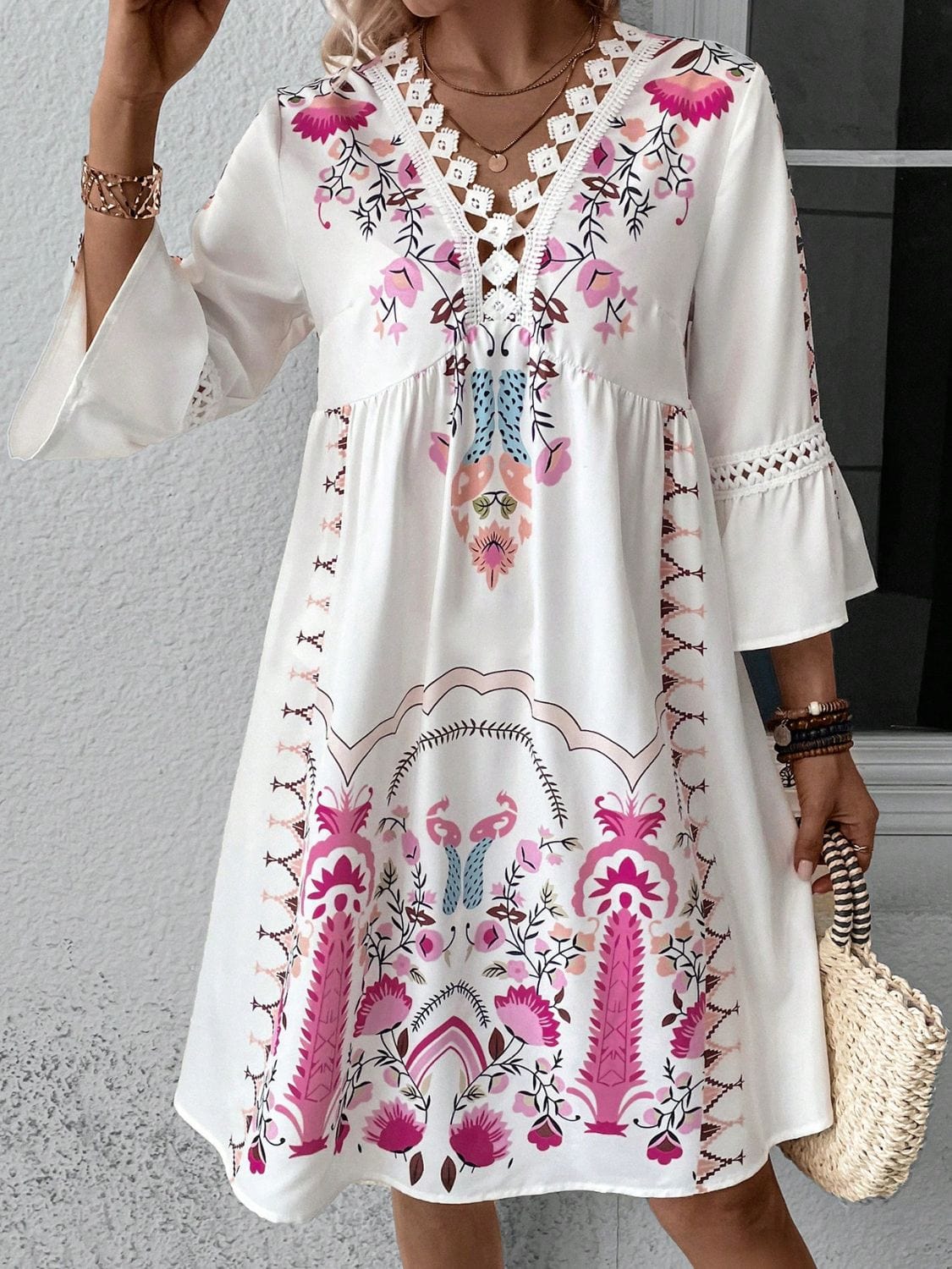 Gray Lace Detail Printed Three-Quarter Sleeve Dress