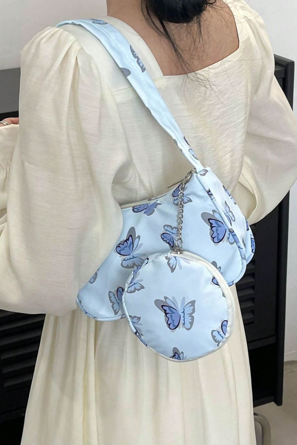 Gray Butterfly Print Shoulder Bag with Purse Sentient Beauty Fashions Apaparel &amp; Accessories