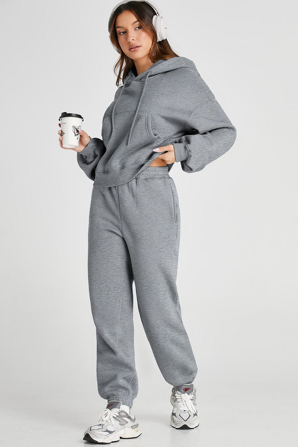 Light Gray Dropped Shoulder Hooded Top and Pants Active Set