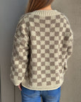 Checkered Button Up Round Neck Cardigan