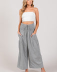 Light Gray SAGE + FIG Drawstring Smocked High Waist Pants Sentient Beauty Fashions Apparel & Accessories