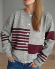 Striped Color Block Round Neck Cardigan