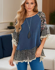 Dark Slate Gray Full Size Frill Printed Round Neck Half Sleeve Blouse