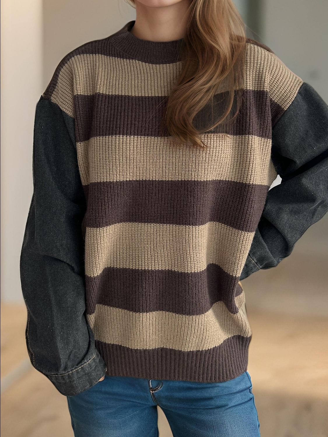 Contrast Round Neck Long Sleeve Sweater