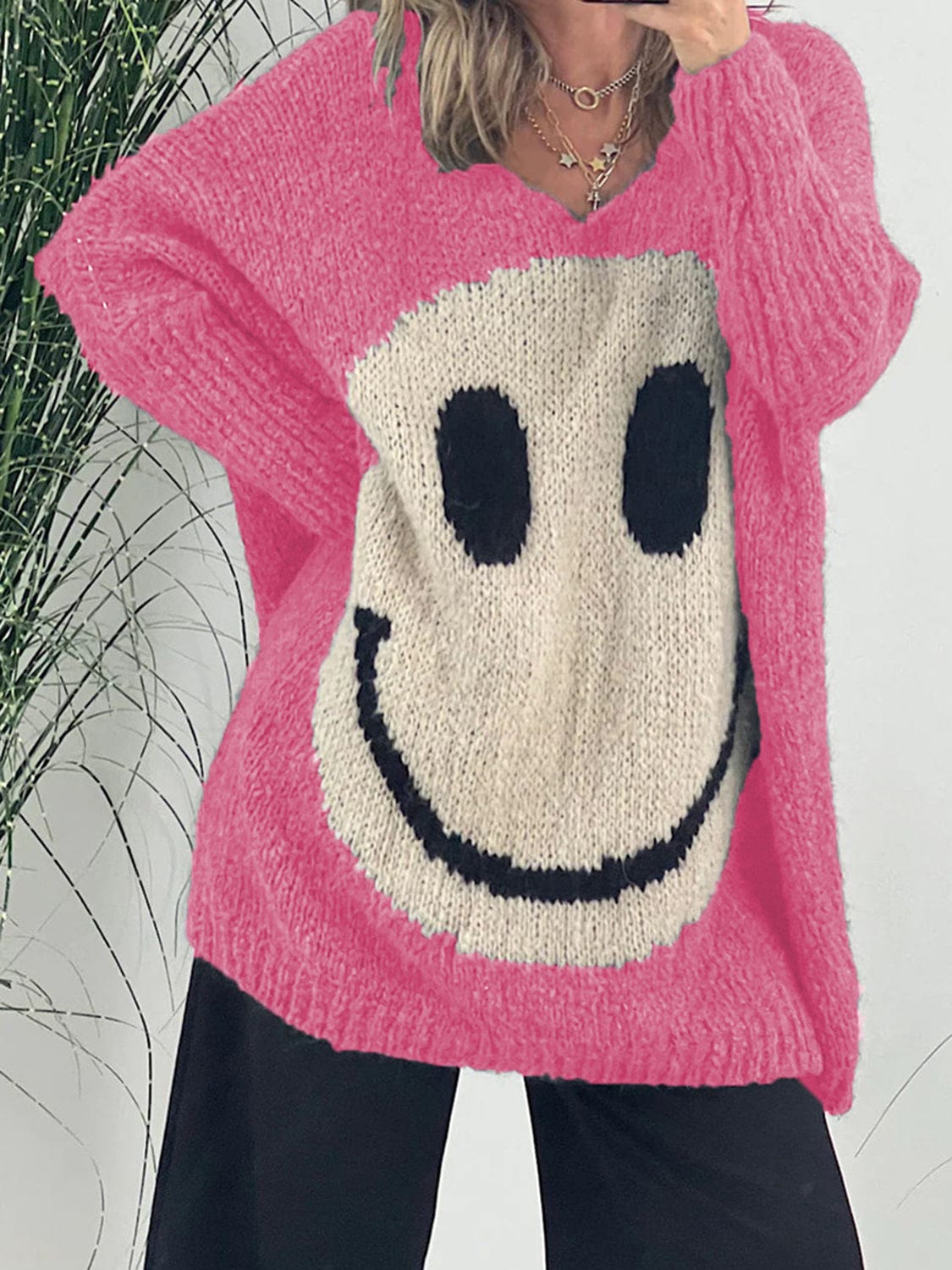 Smiling Face V-Neck Long Sleeve Sweater