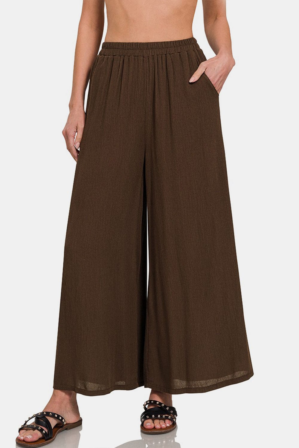 White Smoke Zenana Woven Wide Leg Pants With Pockets