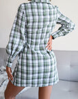 Gray Tied Plaid Long Sleeve Mini Shirt Dress