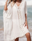 Light Gray Cutout V-Neck Three-Quarter Sleeve Cover Up Sentient Beauty Fashions Apparel & Accessories