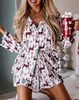 Printed Collared Neck Long Sleeve Top and Shorts Lounge Set