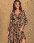 Ruched Printed V-Neck Long Sleeve Midi Dress