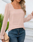 Striped Square Neck Flounce Sleeve Top