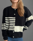 Striped Color Block Round Neck Cardigan