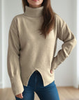 Front Slit Decorative Button Turtleneck Sweater