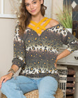 Dark Gray Celeste Full Size Leopard Long Sleeve T-Shirt with Braided Strap