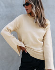 Slit Cuff Round Neck Long Sleeve Sweater