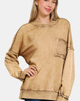 Tan Zenana Exposed Seam Round Neck Dropped Shoulder Sweatshirt