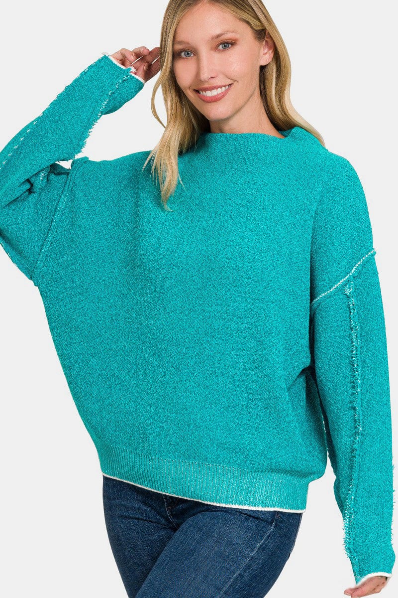 Light Sea Green Zenana Exposed Seam Mock Neck Long Sleeve Sweater