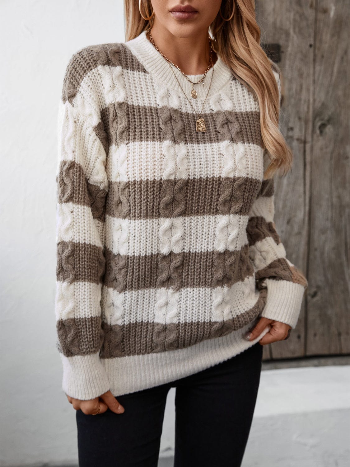 Gray Striped Round Neck Long Sleeve Sweater