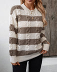 Gray Striped Round Neck Long Sleeve Sweater