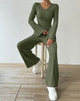 Ribbed V-Neck Long Sleeve Top and Pocketed Pants Set