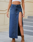 Slit Buttoned Denim Skirt with Pockets