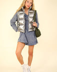 VERY J Shiny Metallic Zip Up Puffer Vest