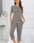 Round Neck Short Sleeve Top and Capris Pants Lounge Set