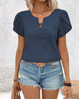 Dark Slate Gray Notched Short Sleeve Blouse