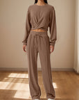 Crisscross Round Neck Top and Drawstring Pants Set