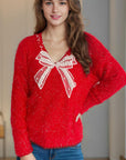 Bow Pearl Detail V-Neck Long Sleeve Sweater