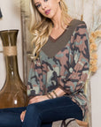 Celeste Full Size Camouflage V-Neck Balloon Sleeve Top