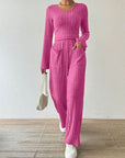 Ribbed V-Neck Long Sleeve Top and Pocketed Pants Set